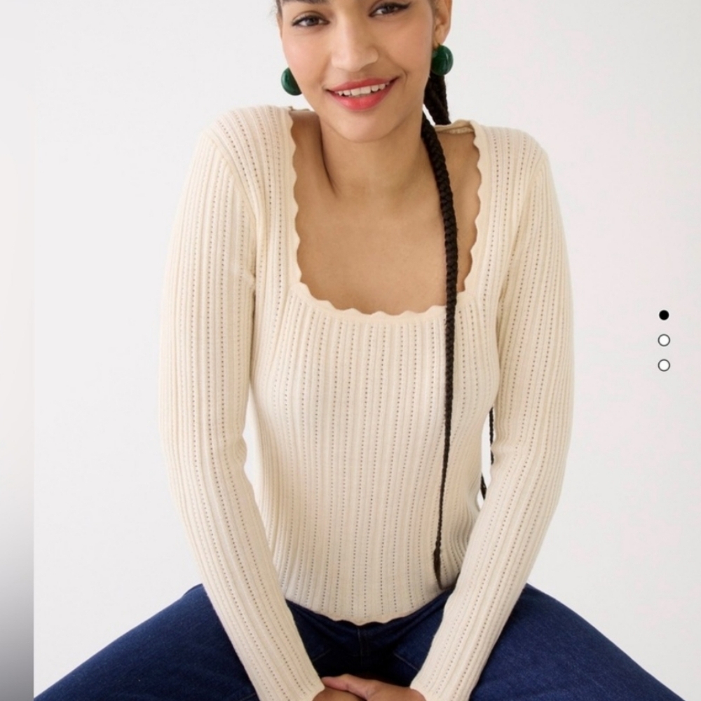 Scalloped Squareneck Pointelle Sweater, 100% Marino Wool